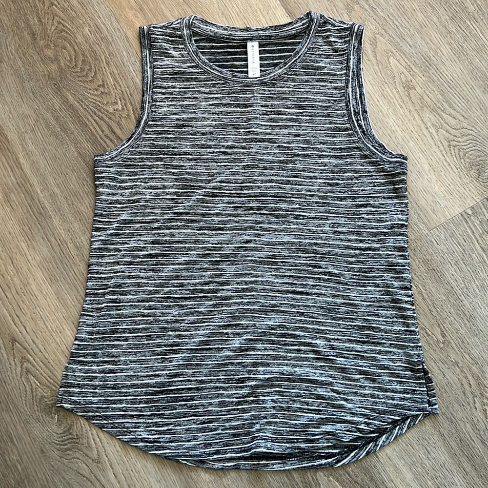 Athleta Breezy Striped Tank Top, black and white, size small petite.